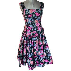 Vintage 80s Laura Ashley Floral Sundress Boning Dropped Waist Floral Black Bows